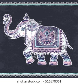 Vintage graphic vector Indian lotus ethnic elephant. African tribal ornament. Can be used for a coloring book, textile, prints, phone case, greeting card