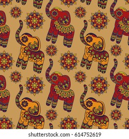 Vintage graphic vector Indian lotus ethnic elephant. African seamless tribal ornament. Hand drawn seamless pattern.Vintage decorative elements. Oriental pattern, Islam, Arabic, Indian motifs