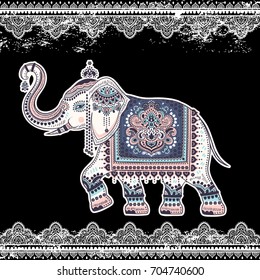 Vintage graphic vector Indian lotus ethnic elephant. African tribal ornament. Can be used for coloring books, textile, prints, phone case, greeting card, business card