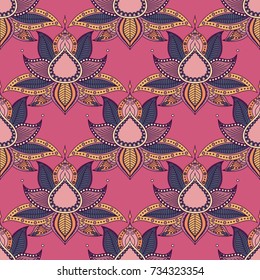 Vintage graphic vector Indian lotus mandala ethnic seamless pattern. Abstract background with flowers.