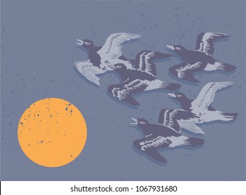 Vintage graphic vector poster Japanese style fling ducks with sun and loft background. for wallpaper, poster, postcard or greeting card, book cover or some packaging  paper, textile and fabric  
