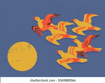 Vintage graphic vector poster Japanese style fling ducks with sun and loft background. for wallpaper, poster, postcard or greeting card, book cover or some packaging  paper, textile and fabric  