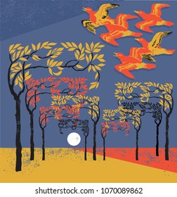 Vintage graphic vector poster Japanese style fling ducks with loft background sun and trees. for wallpaper, poster, postcard or greeting card, book cover, packaging paper, textile, carpet and fabric