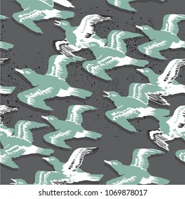Vintage graphic vector seamless pattern Japanese style fling ducks with loft background. for wallpaper, poster, postcard or greeting card, book cover, packaging  paper, textile, carpet and fabric 

