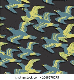 Vintage graphic vector seamless pattern Japanese style fling ducks with loft background. for wallpaper, poster, postcard or greeting card, book cover, packaging  paper, textile, carpet and fabric 
