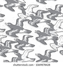 Vintage graphic vector seamless pattern Japanese style fling ducks with loft background. for wallpaper, poster, postcard or greeting card, book cover, packaging  paper, textile, carpet and fabric 
