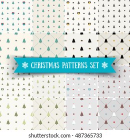 Vintage graphics of Christmas tree and gift box. Hand drawn vector icons for holiday sale and celebration.