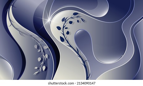 Fond d'écran gris vintage à l'effet 3D. Branches courbes et lisses avec feuilles sur une surface de formes lisses et de bandes ondulées qui se chevauchent. Image vectorielle. 