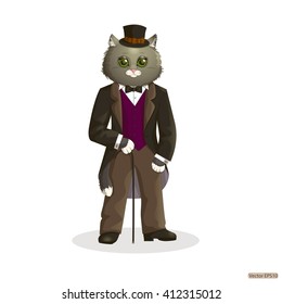 Vintage gray cat with in a tuxedo, top hat and cane on a white background, hipster. Vector illustration