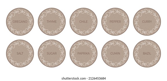 Vintage gray labels for spices. Round food labels or stickers with a floral frame. For marking kitchen food containers and jars. Vector set isolated on white background