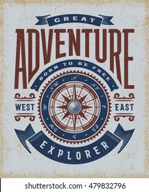 Vintage Great Adventure Typography.  T-shirt And Label Graphics In Woodcut Style. Editable EPS10 Vector Illustration.