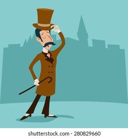Vintage Great Britain Victorian Gentleman Businessman Cartoon Character Icon Stylish English City Background Retro Cartoon Design Vector Illustration