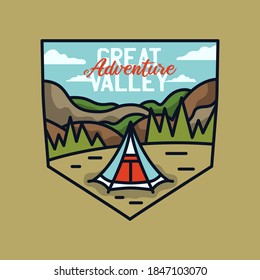 Vintage great valley adventure logo, hiking emblem design with camping scene, tent and forest. Unusual line art retro style sticker. Stock vector art