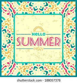 Vintage Greating Card. Hello Summer. Abstract Background For Design With Frame For Your Text