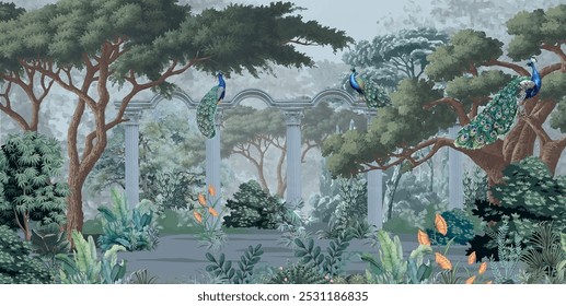 Vintage  Greek arches in a garden with temple, peacock, parrot, bird illustration,