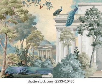 Vintage Greek Landscape Wallpaper Mural, Greek Garden Illustration, Peacock, Watercolor Background, Indian Wedding Background Design.