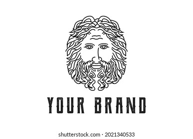 Vintage Greek Old Man Face God Zeus Triton Neptune Philosopher with Beard and Mustache Logo Design Vector