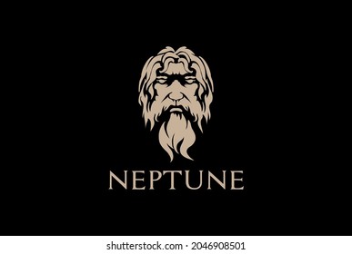 Vintage Greek Old Man Face God Zeus Triton Neptune Philosopher with Beard and Mustache Logo Design Vector