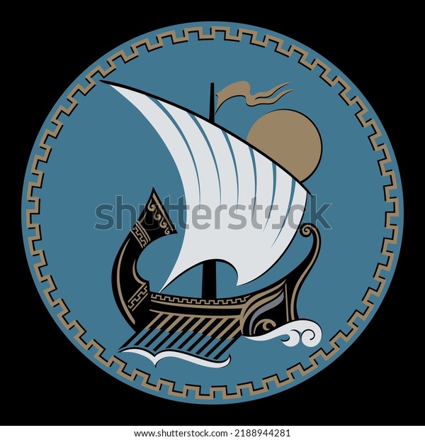 Vintage Greek shield, design. Ancient Greek\
sailing ship galley - Triera and Greek ornament meander, isolated\
on black, vector\
illustration