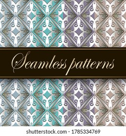 Vintage greek style waffle seamless patterns in difficult colors. Vector ornamental ethnic background. Repeat decorative backdrop. Modern ornaments. Set. Patterned ornate design for wallpaper, fabric.
