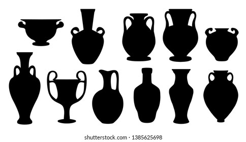 Vintage greek vases black silhouette on white background, vector illustration