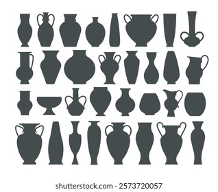 Vintage greek vases. Black vases silhouette set isolated vector illustration