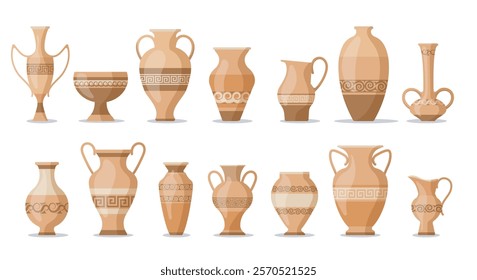 Vintage greek vases icons. Colorful ceramic vases with greek pattern set isolated vector illustration