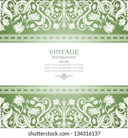 Vintage green background, floral antique card, victorian white ornament, baroque frame, beautiful, luxury, old decor, royal, ornate cover page, summer and spring style pattern template for design