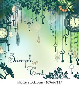 Vintage green background with with keys and clocks