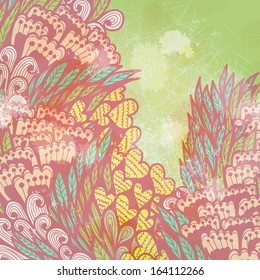 Vintage green and beige greeting card with floral ornament. Eps10