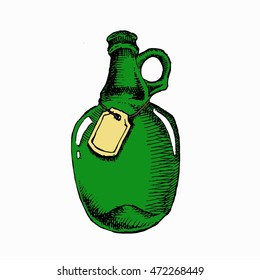 Vintage green bottle of beer. Hand drawn vector stock illustration.