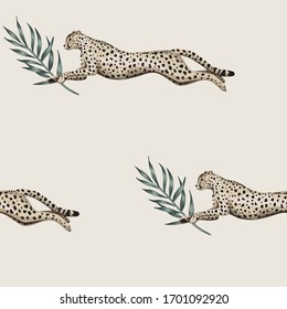 Vintage green branch, cheetah running wildlife animal floral seamless pattern ivory background. Exotic jungle wallpaper.