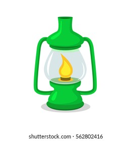 Vintage green camping lantern on white in flat and cartoon style