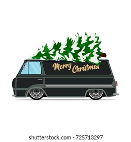 Vintage green car with Christmas tree. Christmas picture. Green truck vector illustration.