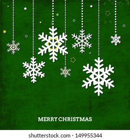Vintage green card with Christmas snowflakes and other decorations, Xmas design
