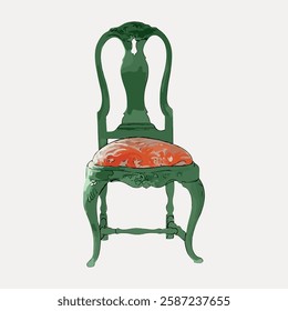 Vintage green chair with ornate backrest and red cushion. Elegant design, vintage style, green chair. Perfect for classic decor, vintage enthusiasts, green chair lovers. Vintage illustration, vector.