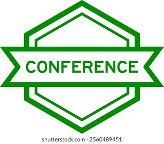 Vintage green color hexagon label banner with word conference on white background