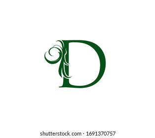 Vintage Green D Letter Floral logo. Vintage drawn emblem for book design, weeding card, brand name, business card, Restaurant, Boutique, Hotel. 