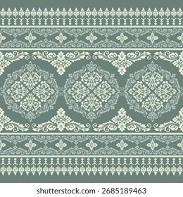 Patrón de damasco verde de Antiguas con medallones florales adornados y rayas decorativas, ideal para tela, Fondo de pantalla y diseño interior de lujo.