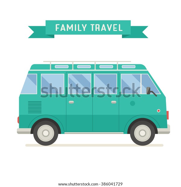 Vintage\
green family bus. Surfing bus family summer holidays. Travel coach\
vector icon isolated on white background. Tourist bus in flat\
design cartoon style. RV summer auto travel\
.