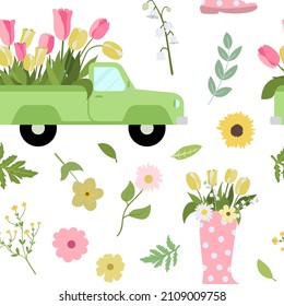 Vintage green floral pickup truck, pink boot, and colorful flowers. Isolated on white background. Perfect for backdrops, cards, wallpapers.