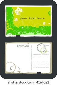 Vintage green floral swirls and butterfly postcard front and back with space for text