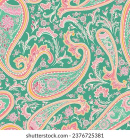 Vintage Green folk art Paisley pattern elegant seamless hand drawn vector fashion wallpaper fabric