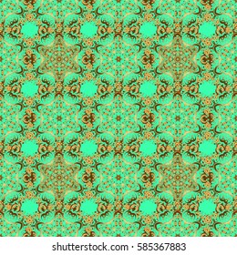 Vintage green and golden pattern. Oriental vector classic pattern. Abstract seamless pattern with golden repeating elements on green background.