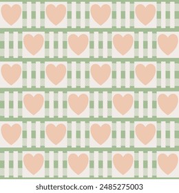 Fondo de cuadrícula verde de Antiguas. Patrones sin fisuras corazones dispuestos en líneas. Lindo diseño de Plantilla de línea cruzada para fiesta, cumpleaños, tarjeta, envoltura, Fondo de pantalla, tarjeta, regalo de papel.