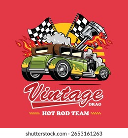vintage carro quente arrastar com decalques de chama com bandeiras quadriculadas, pistão e tipografia em negrito na ilustração cartoon