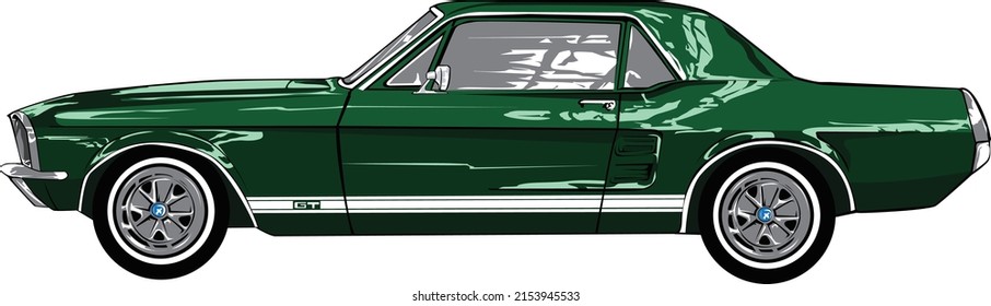 vintage green muscle car isolated in white background