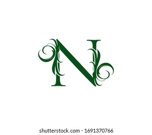 Vintage Green N Letter Floral logo. Vintage drawn emblem for book design, weeding card, brand name, business card, Restaurant, Boutique, Hotel. 