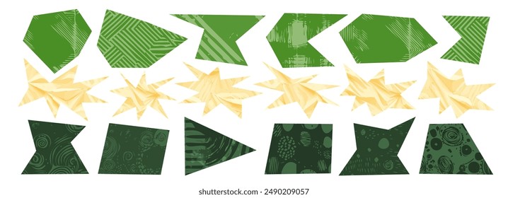 Vintage green paper with abstract shapes rectangle triangle star. Graphic vectors and organic elements form a decorative, playful collage on rough cardboard background. Simple organic paper torn set