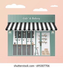 Vintage green pastel Coffee Shop cafe and bakery Exterior on pink background for cover or website